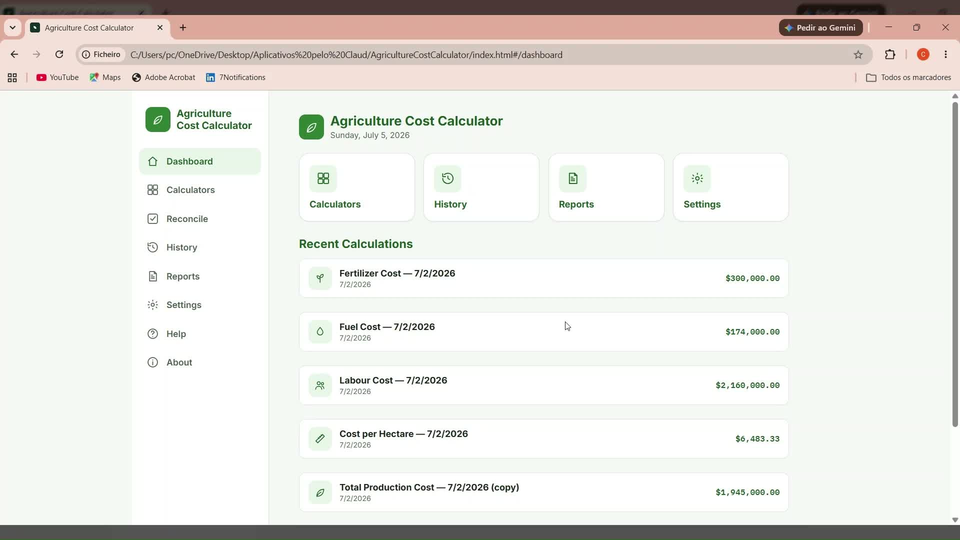 Agriculture Cost Calculator screenshot