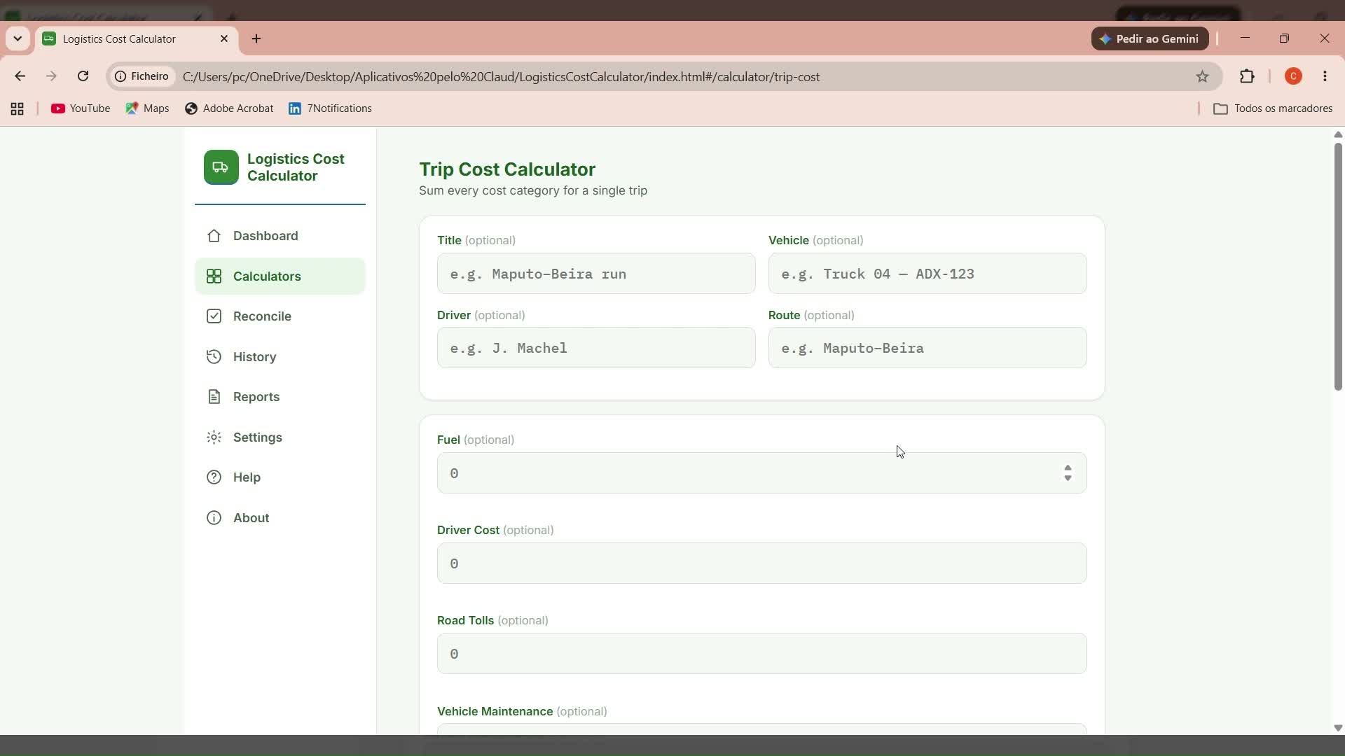 Logistics Cost Calculator screenshot